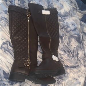 Brown Quilted Knee-High Boots